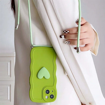Luxury Crossbody Necklace Lanyard 3D Love Heart Wave Border Soft Case For iPhone 16 15 14 Pro Max 13 12 11 X XS XR 7 Plus Cover