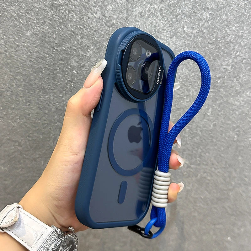 Fold Glass Lens Stand Magnetic Transparent Case For iPhone 17 16 15 14 13 12 11 Pro Max For Magsafe Wrist Strap Shockproof Cover