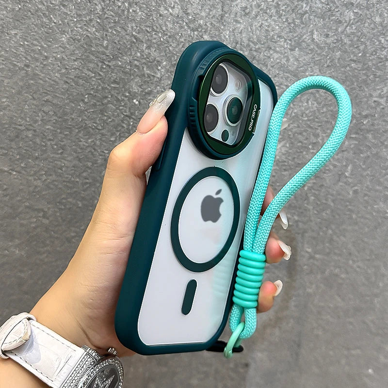 Fold Glass Lens Stand Magnetic Transparent Case For iPhone 17 16 15 14 13 12 11 Pro Max For Magsafe Wrist Strap Shockproof Cover