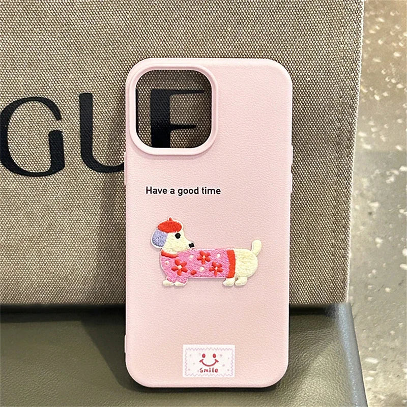 Korean Cute Cartoon Dachshund Litchi Pattern Phone Case For iPhone 15 14 13 12 16 Pro Max 11 Lovely Shockproof Soft Cover Funda