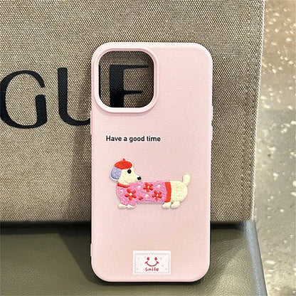 Korean Cute Cartoon Dachshund Litchi Pattern Phone Case For iPhone 15 14 13 12 16 Pro Max 11 Lovely Shockproof Soft Cover Funda