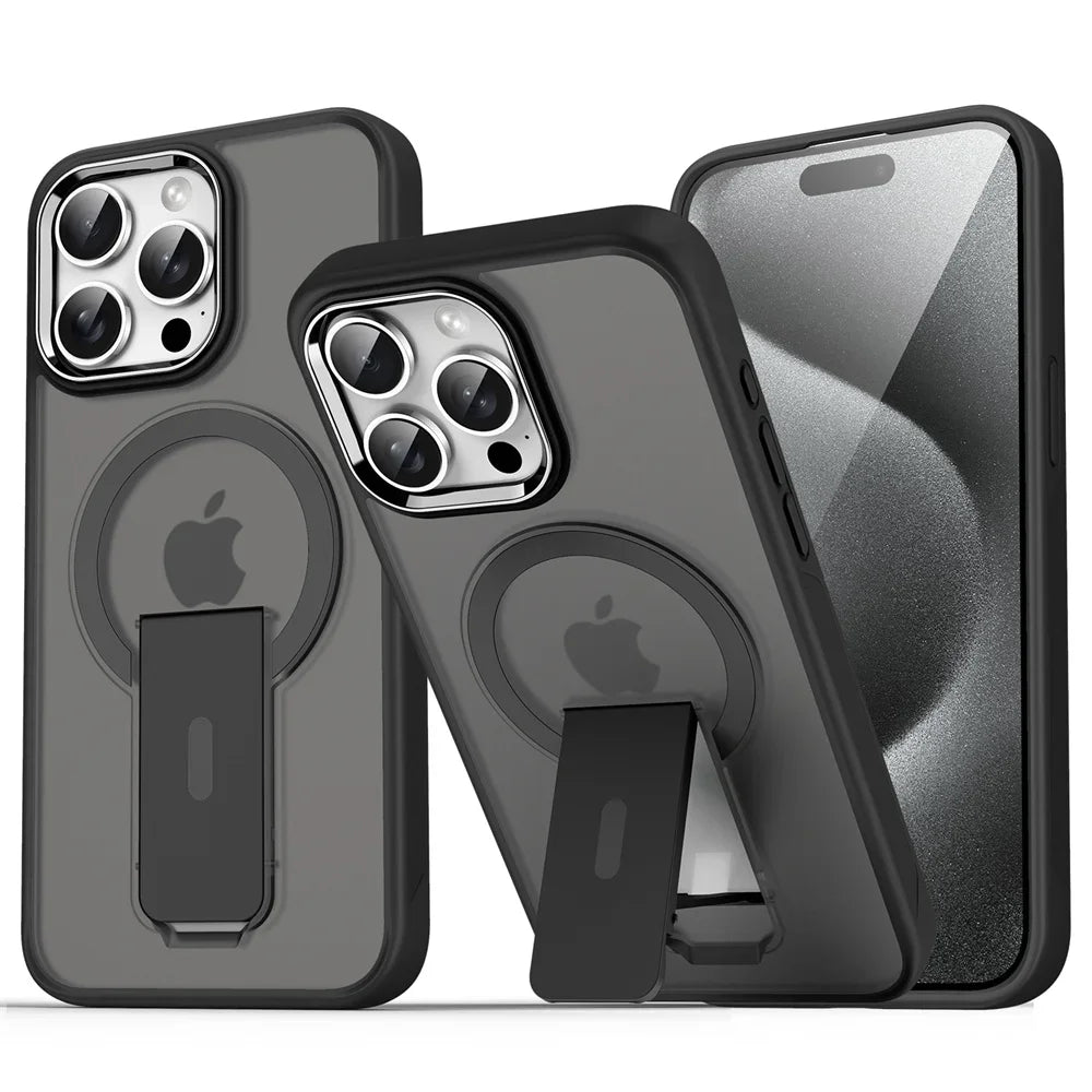Luxury For Magsafe Folding Stand Magnetic Phone Case For iPhone 16 15 14 13 12 17 Pro Max Plus Matte Translucent Back Cover Caps