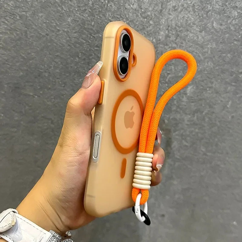 for Magsafe Candy Color Contrast Lanyard Case for iPhone 16 15 17 Pro Max 14 Plus 11 12 13 16e Hand Wrist Strap Matte Soft Cover